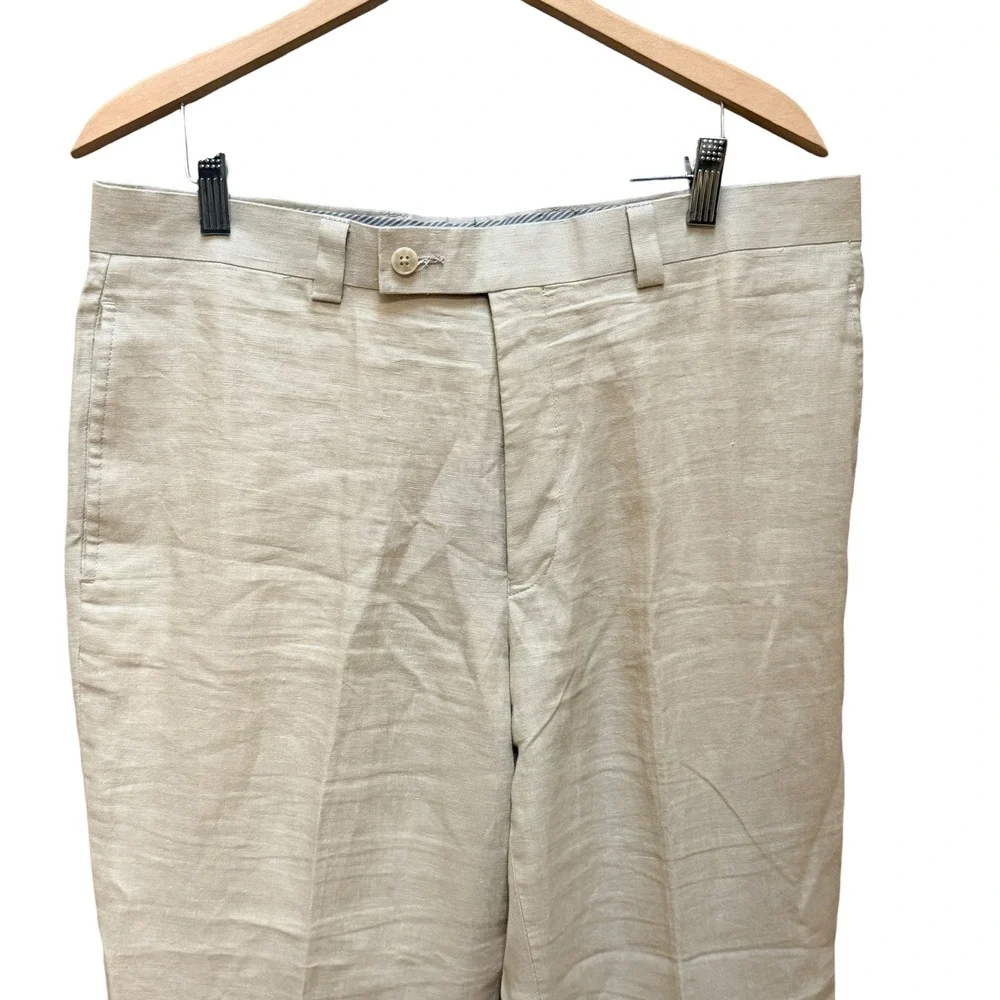 Calvin Klein Pants Mens 34 Beige Linen Flat Front Cuffed Dress Trousers Summer